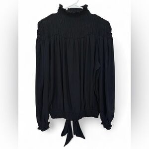 Women's Venus Black Chiffon Smocked Neck Tie Waist Blouse Size Large‎